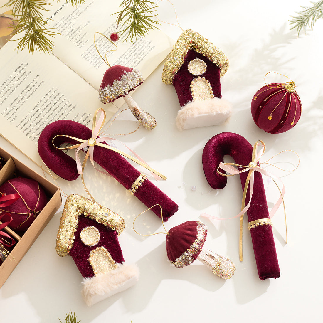 Cross-Border New Product Christmas Decorations Burgundy Velvet Christmas Ball Set Mushroom House Cane Christmas Tree Pendant