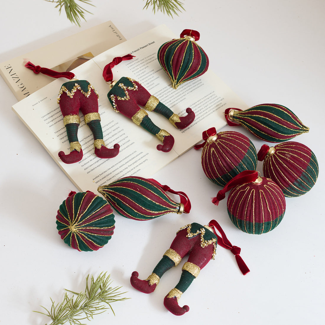 Handmade Velvet Red and Green Christmas Bauble Set