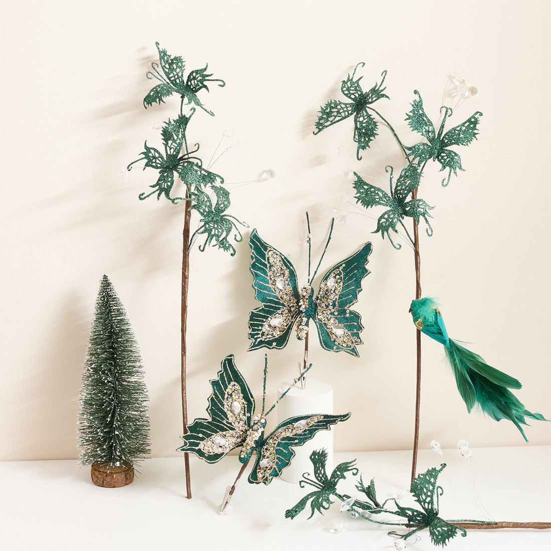 Cross-Border New Christmas Decorations Dark Green Artificial Butterfly Christmas Flower Cuttings Feather Bird Christmas Tree Hangings