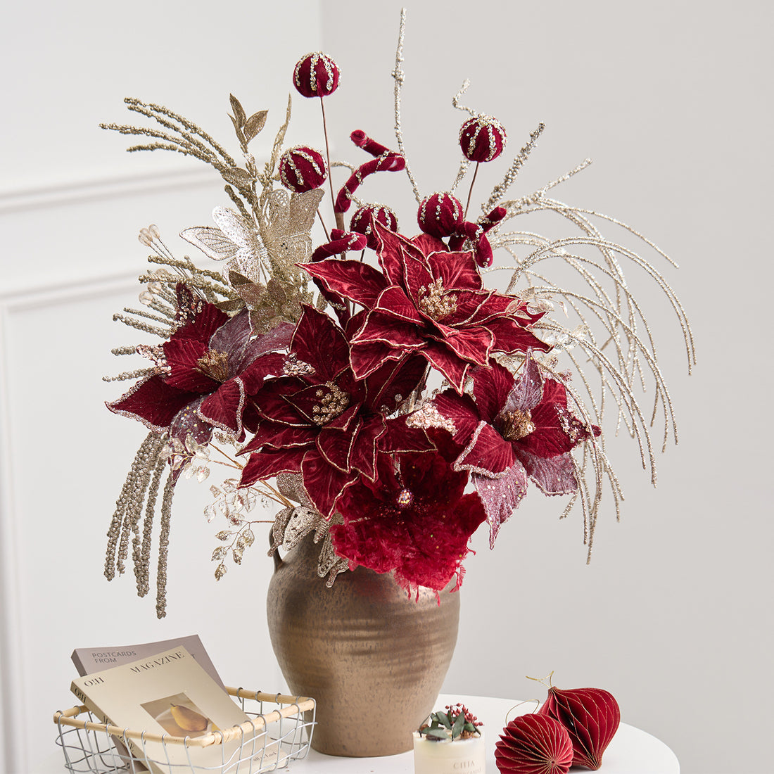 Cross-Border New Wine Red Christmas Flower Champagne Color Cuttings Floral Vase Desktop Scene Arrangement Christmas Decorations