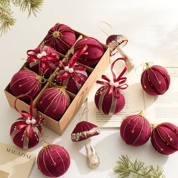 Cross-Border New Product Christmas Decorations Burgundy Velvet Christmas Ball Set Mushroom House Cane Christmas Tree Pendant