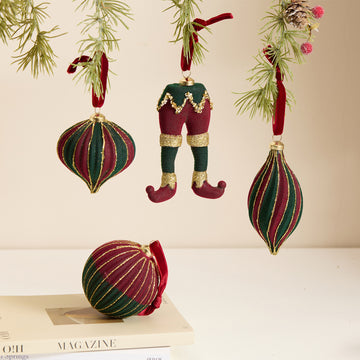 Handmade Velvet Red and Green Christmas Bauble Set