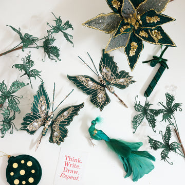 Cross-Border New Christmas Decorations Dark Green Artificial Butterfly Christmas Flower Cuttings Feather Bird Christmas Tree Hangings