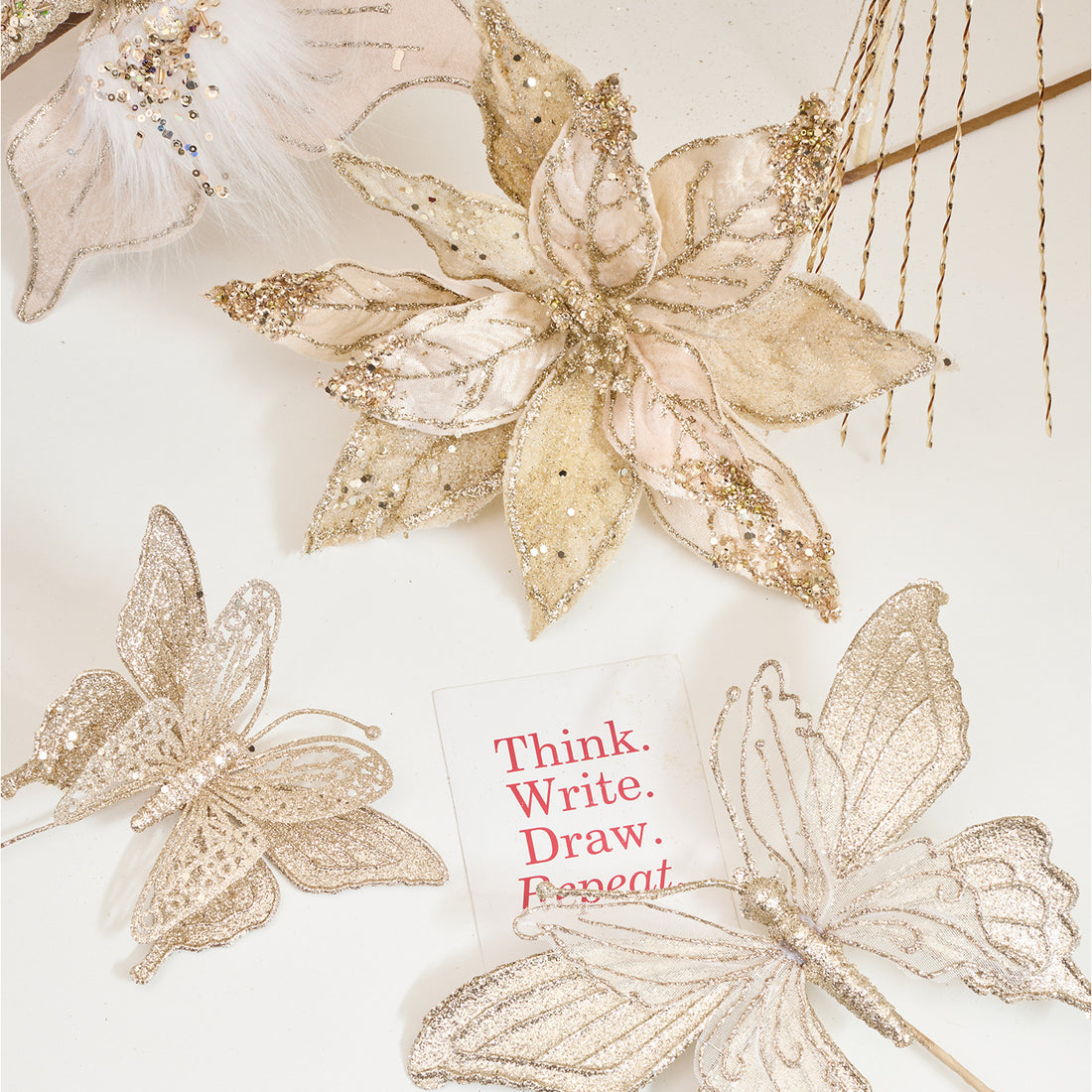 Champagne Christmas Floral Picks with Butterfly and Bird Accents
