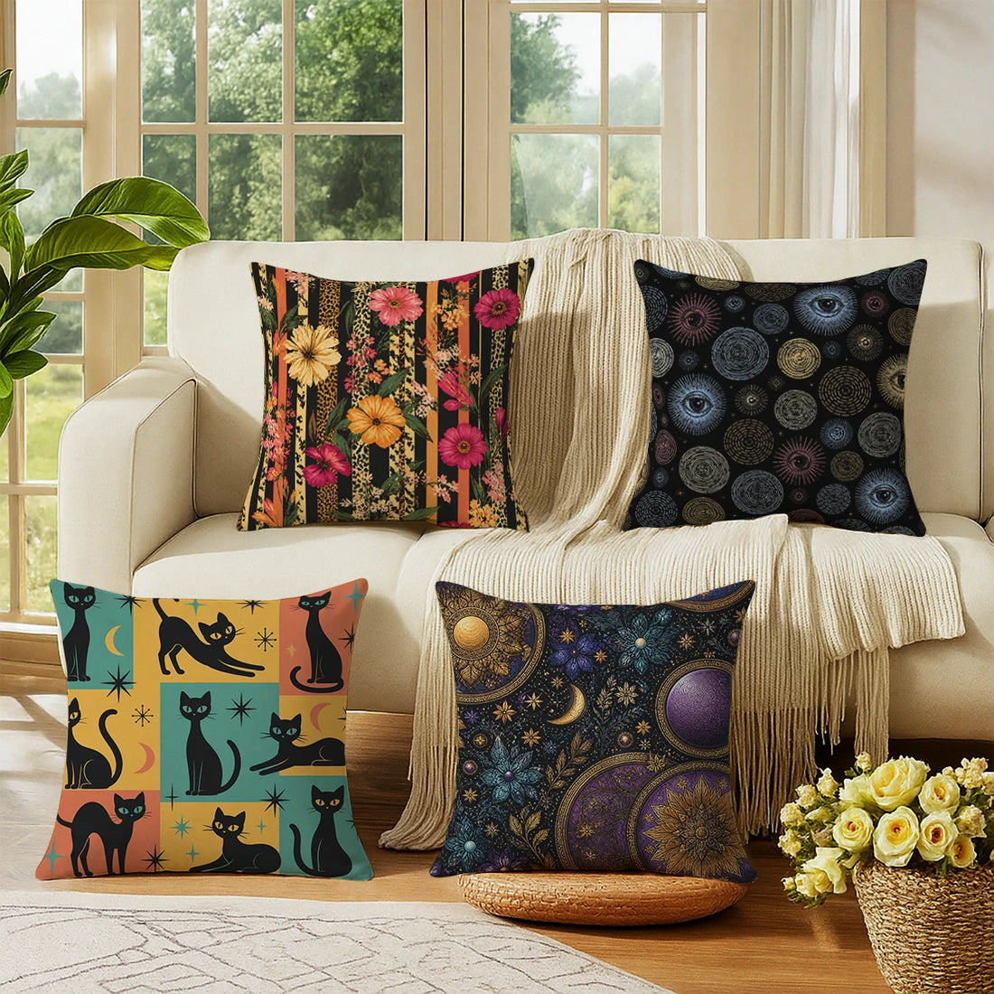 Vibrant Floral and Stripe Pillow Cover