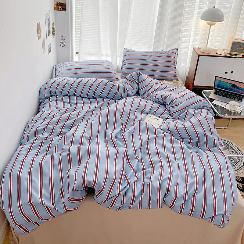 Red and Blue Striped Washed Cotton Bedding Set