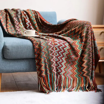 Rust Red Boho Woven Throw Blanket with Tassels