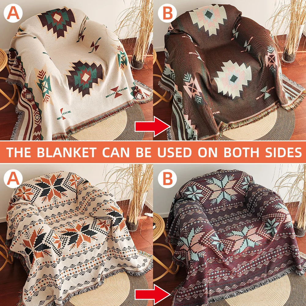 Oversized Aztec Boho Throw Blanket with Fringe