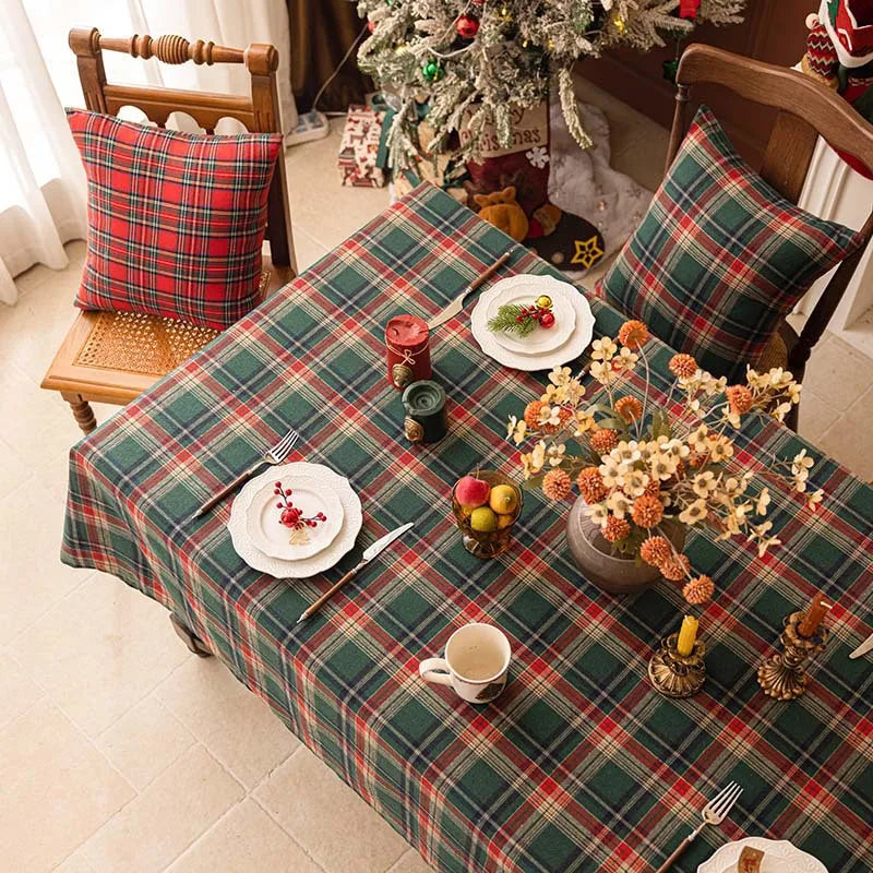 Christmas Decoration Plaid Tablecloth Color Woven Polyester Cotton Red Green Table Cover for Home Party Dining Decor