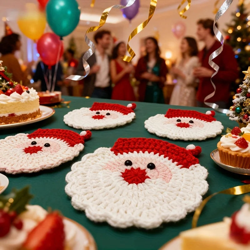4pcs Handmade Crochet Santa Claus Coasters - Holiday Decor, Durable Fabric Drink Trays,Festive Table Decor,Unique Christmas Gift