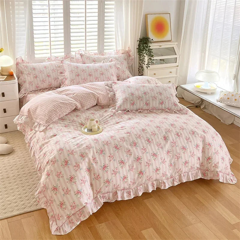 Ruffled Floral Cotton Duvet Cover Set for a Princess